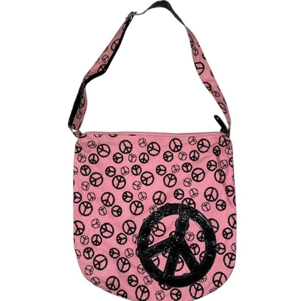 Express Pink Peace Sign Shoulder Bag Y2K Tote Glitter Graphic Logo Print Bag - Picture 2 of 5
